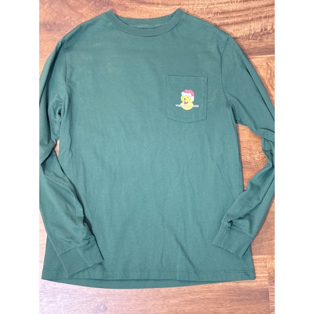 Vineyard Vines Kids Green Santa Dog Long Sleeve Pocket T-Shirt Size L 16 Holiday